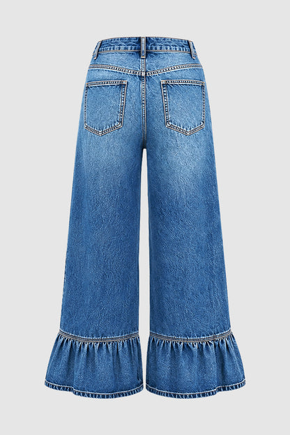 Wash Ruffle Hem High Waist Wide Leg Jeans