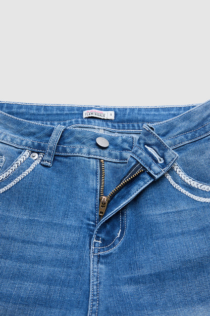 Wash Stitch Detail Mid Waist Straight Leg Jeans