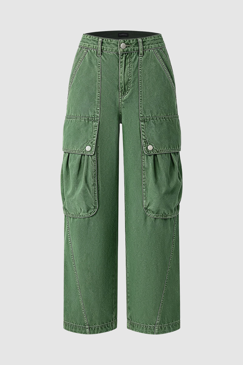 Solid Flap Pocket Mid Rise Wide Leg Cargo Pants Without Belt