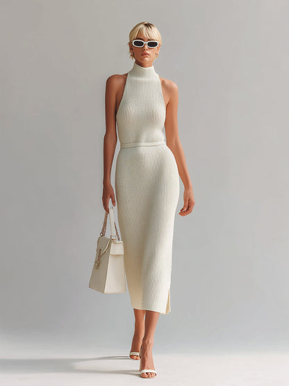 Chic Elegant Beige Mock-Neck Sleeveless Tailored Waist Side Slit Ribbed Knit Midi Dress