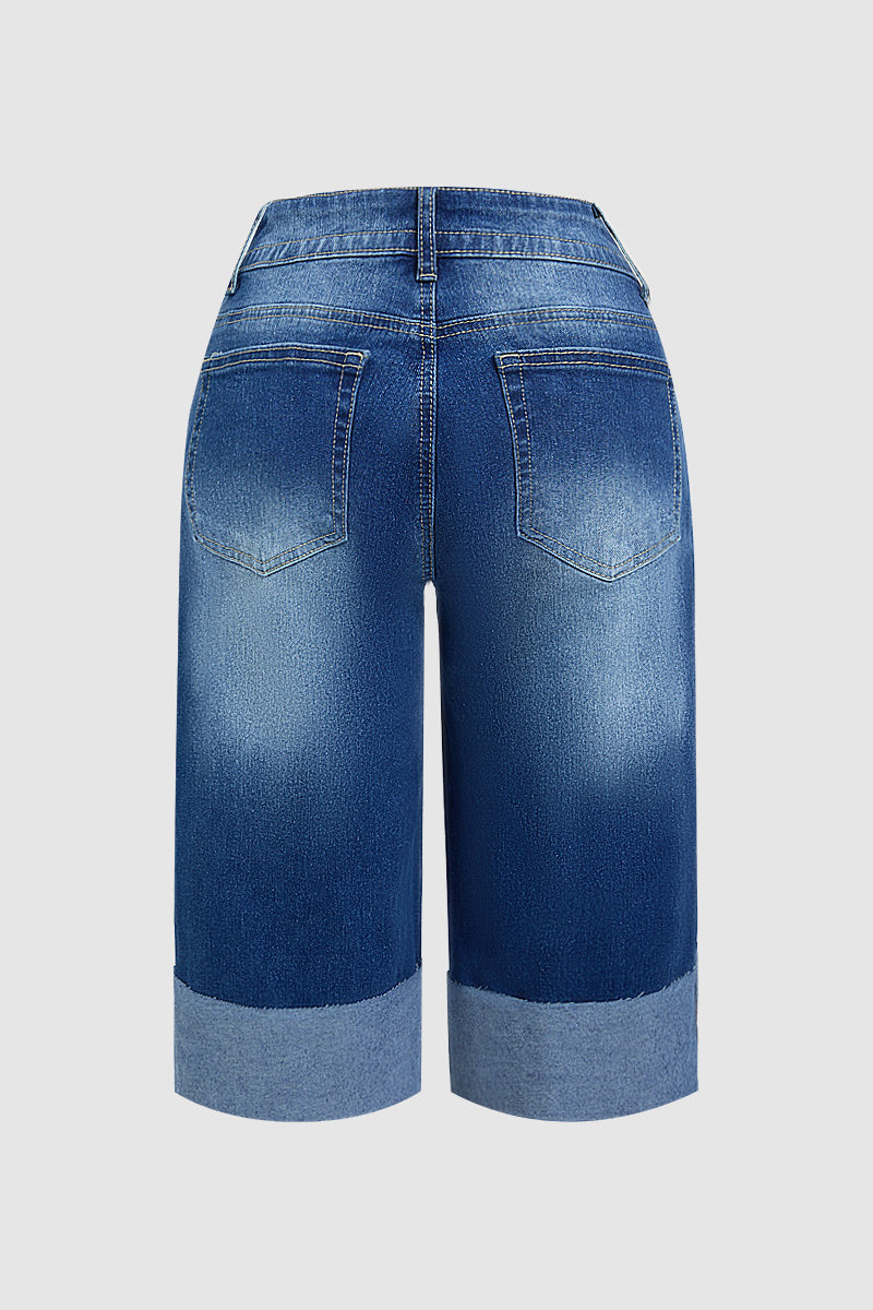 Wash Floral Embroidery Roll Hem Mid Rise Denim Bermuda Shorts