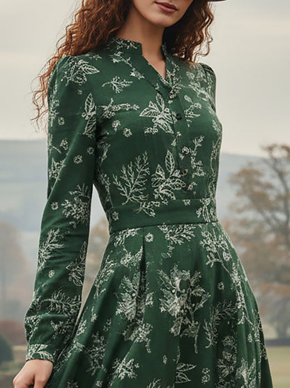Robe longue en lin, manches longues, col en V, motif floral, boutonnée, style vintage, vert foncé