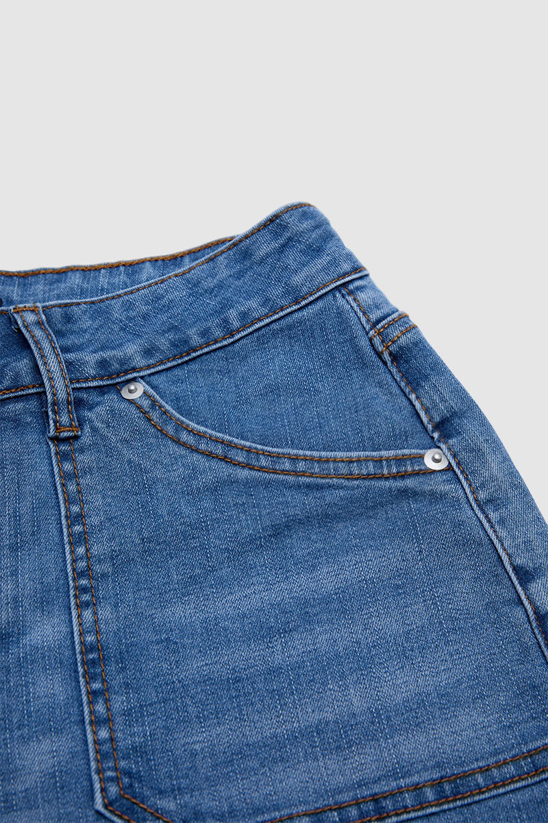 Wash Raw Hem Flap Pocket Mid Waist Denim Bermuda Shorts Without Belt
