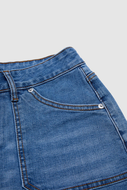 Wash Raw Hem Flap Pocket Mid Waist Denim Bermuda Shorts Without Belt
