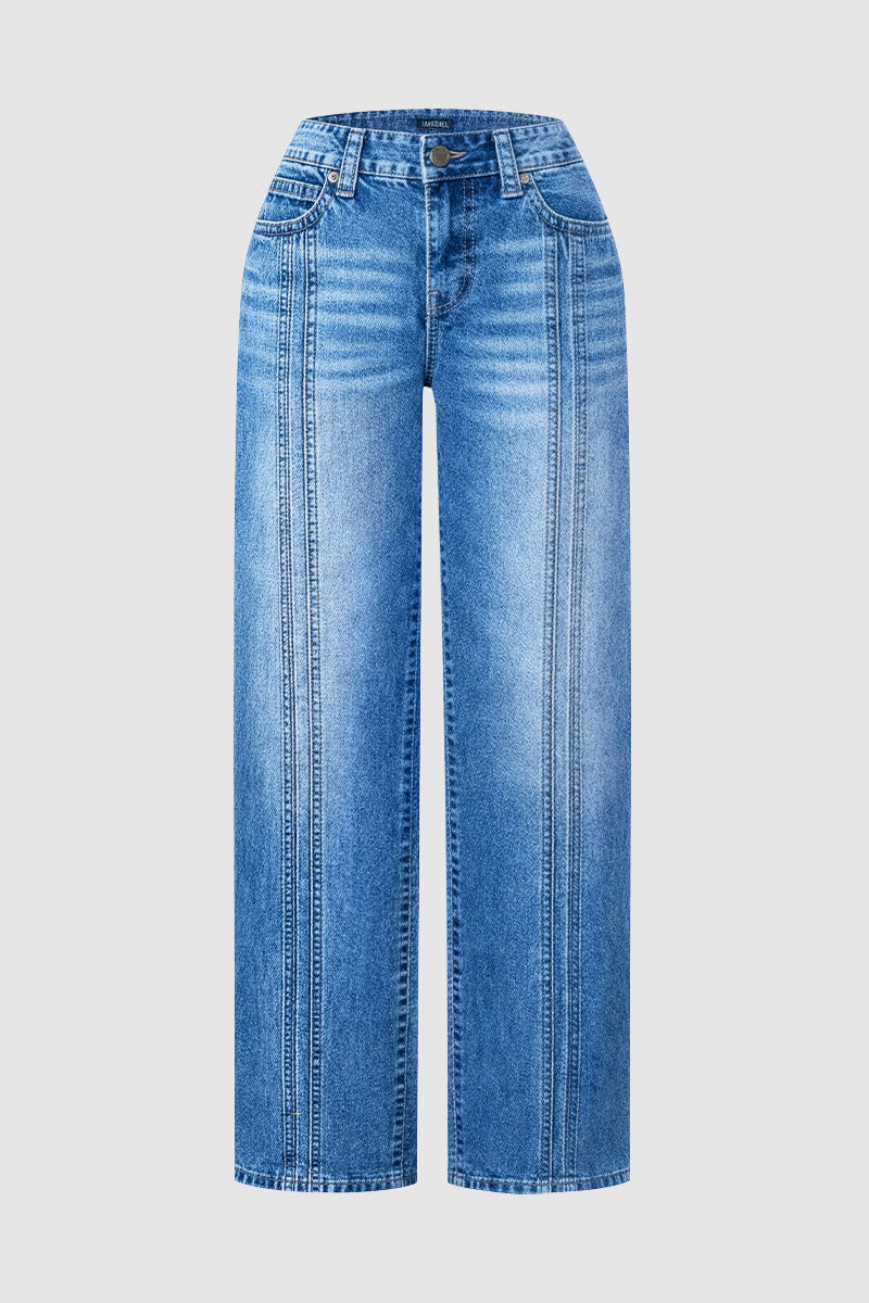 Stitch Detail Mid Waist Straight Leg Jeans