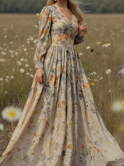 Robe longue en lin, manches longues, col en V, motif floral, abricot, quotidienne
