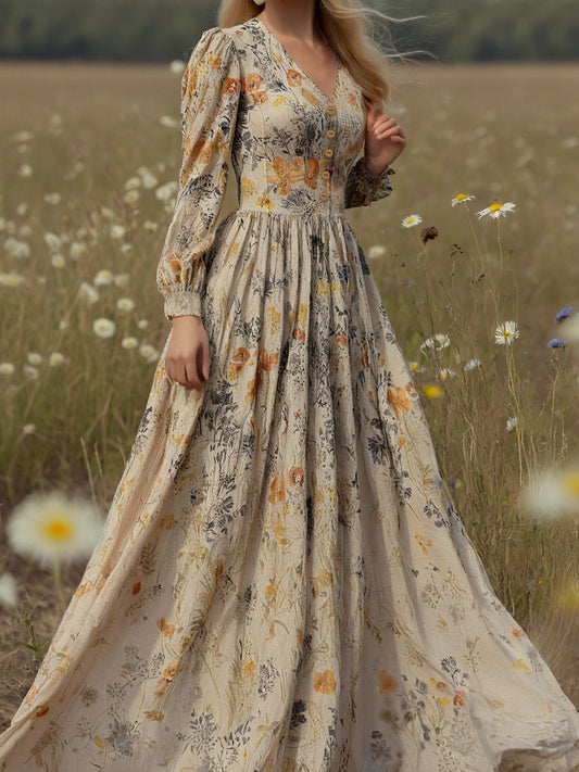 Robe longue en lin, manches longues, col en V, motif floral, abricot, quotidienne