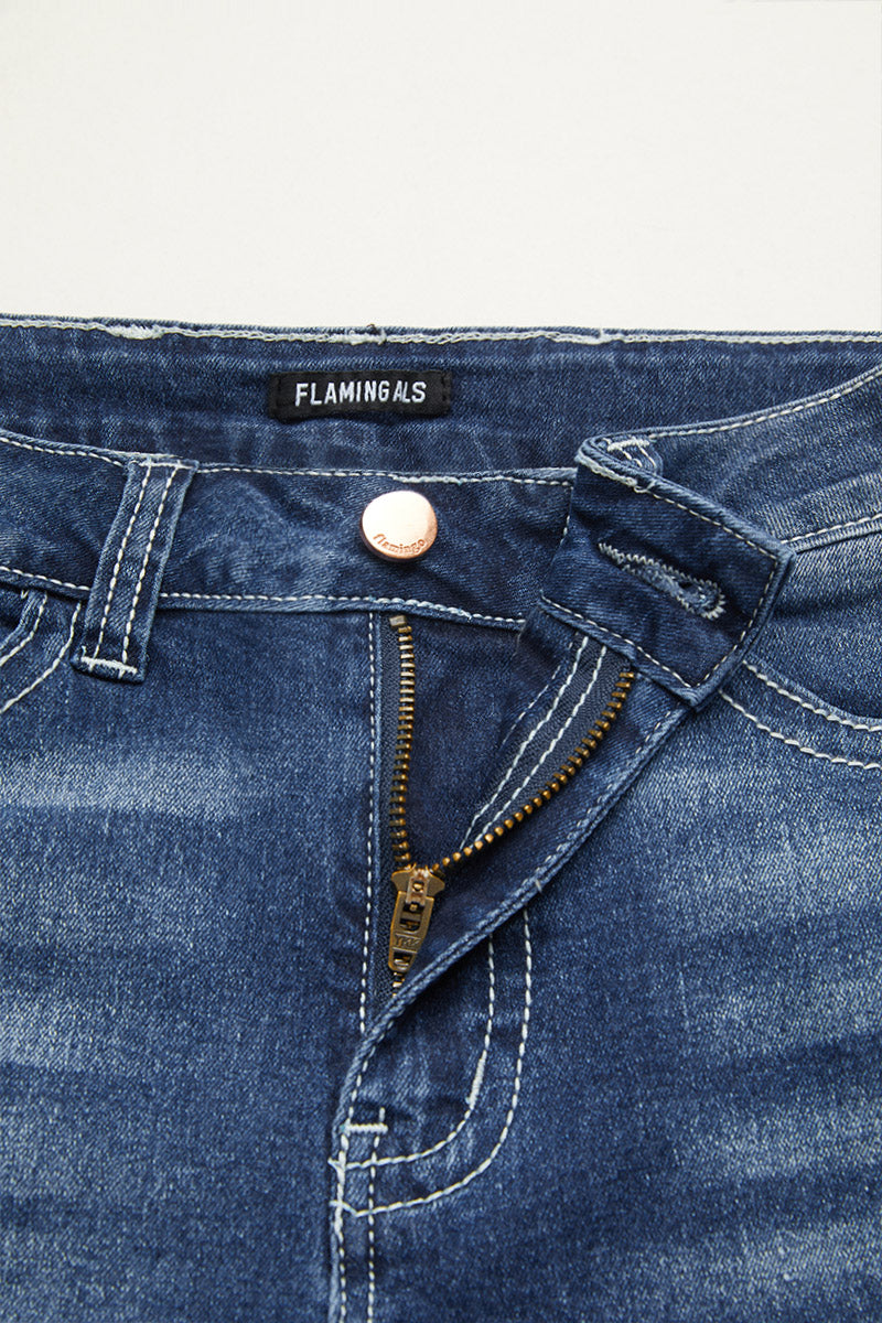 Wash Mid Waist Buttoned Hem Bootcut Jeans Without Belt