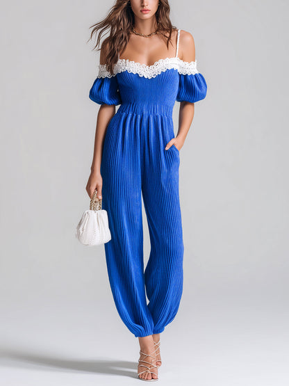 Chic Elegant Royal Blue Off-The-Shoulder Short-Sleeve Lace Details Elastic Waist Loose-Fit Knit Harem Jumpsuit