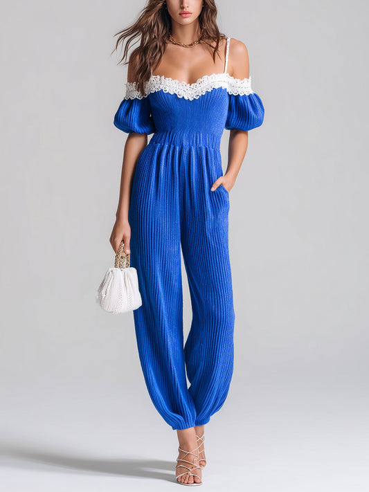 Chic Elegant Royal Blue Off-The-Shoulder Short-Sleeve Lace Details Elastic Waist Loose-Fit Knit Harem Jumpsuit