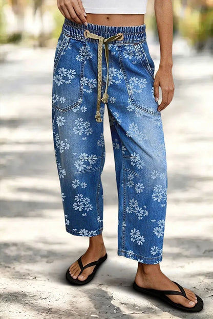 Floral Print Patch Pocket Drawstring Elastic Mid Rise Barrel Leg Crop Jeans