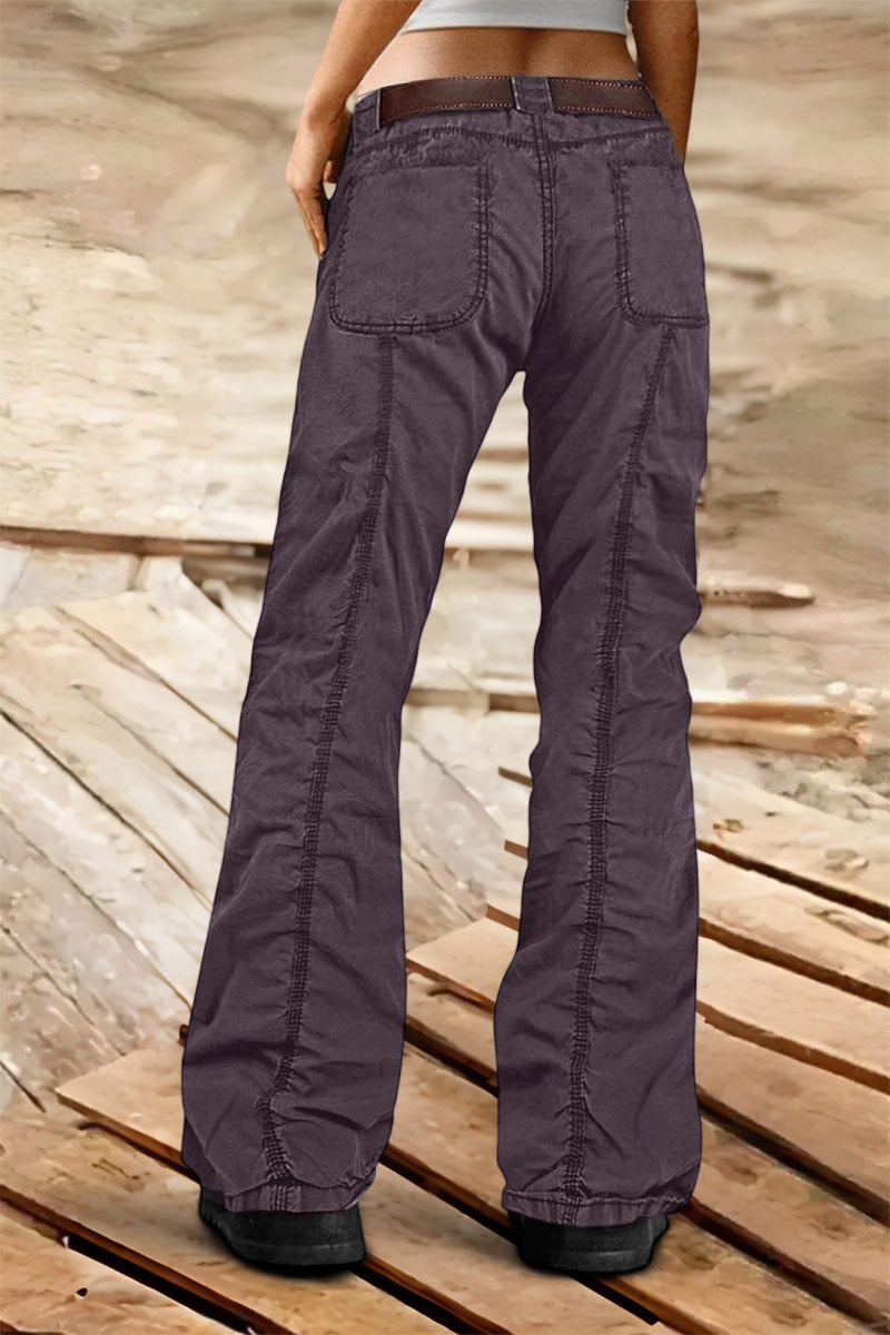 Solid Stitch Detail Mid Rise Straight Leg Cargo Pants Without Belt