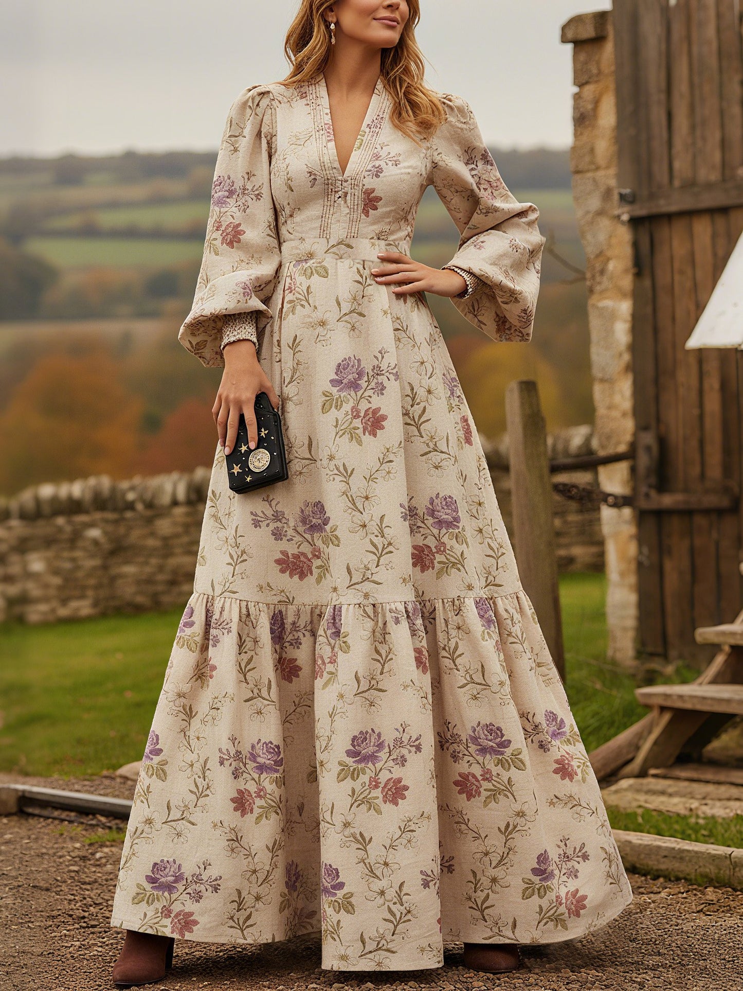 Robe longue en lin, manches longues, col en V, motif floral, vintage, couleur abricot