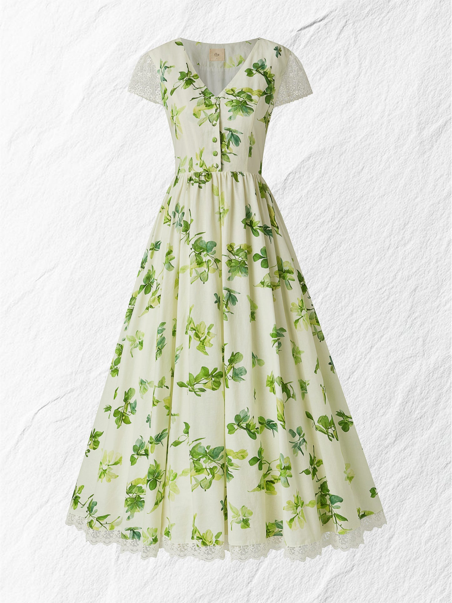Robe longue en lin, manches courtes, col en V, motif floral, vintage, vert