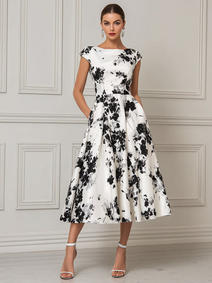 Timeless Floral Boat-Neck Midi Dress