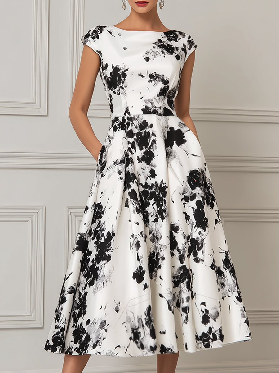 Timeless Floral Boat-Neck Midi Dress