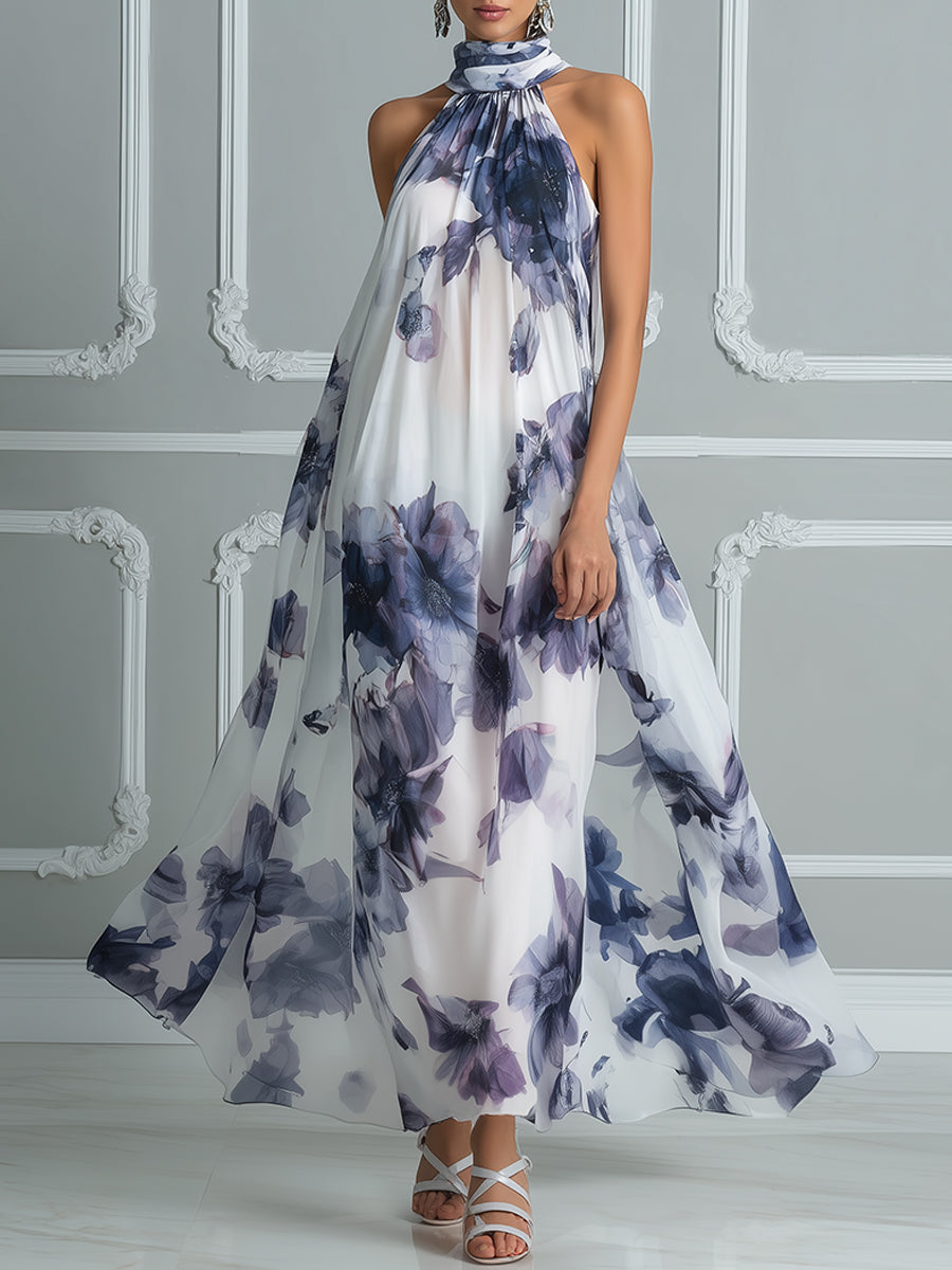 Ethereal Watercolor Floral Chiffon Halter Maxi Dress