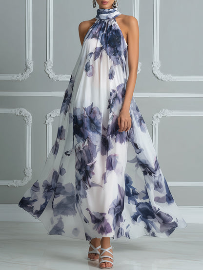 Ethereal Watercolor Floral Chiffon Halter Maxi Dress