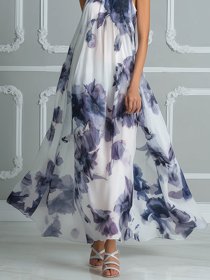 Ethereal Watercolor Floral Chiffon Halter Maxi Dress
