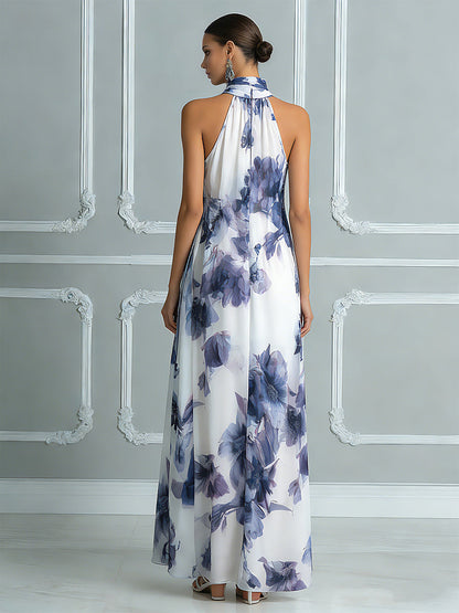 Ethereal Watercolor Floral Chiffon Halter Maxi Dress