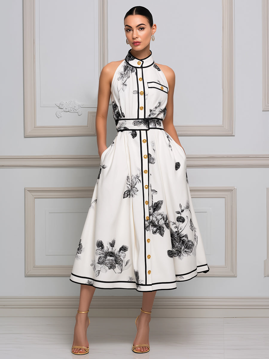 Noir Botanical Halter Midi Dress
