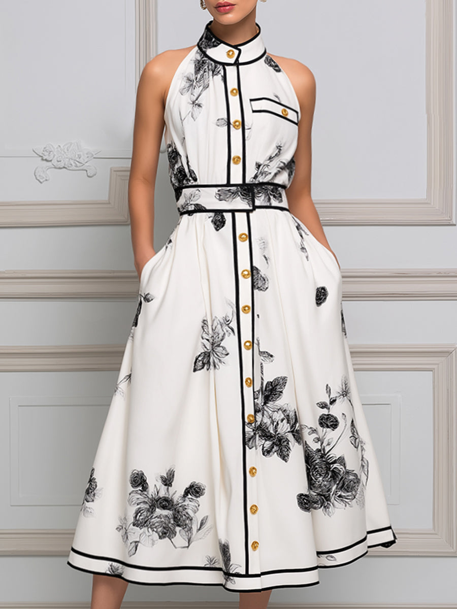 Noir Botanical Halter Midi Dress