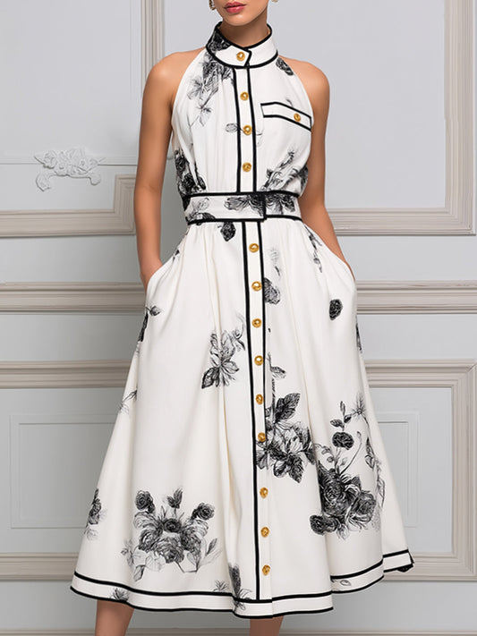 Noir Botanical Halter Midi Dress