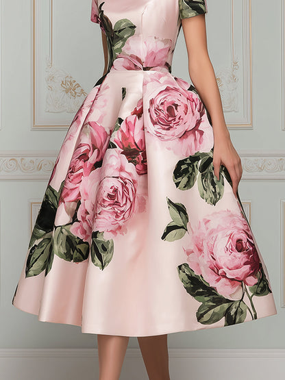 Vintage-Inspired Floral Satin Midi Dress
