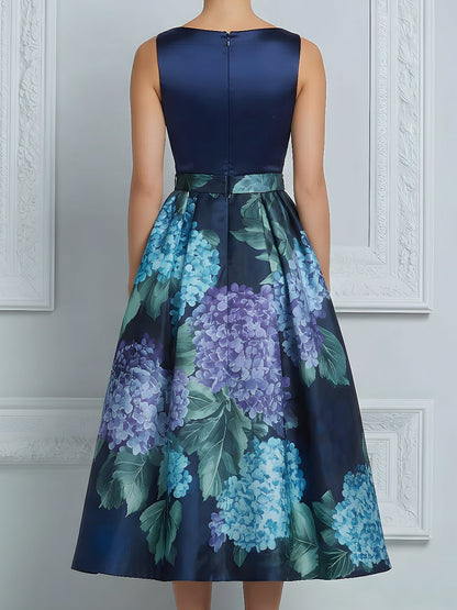 Sleeveless Hydrangea Print Structured Midi Dress