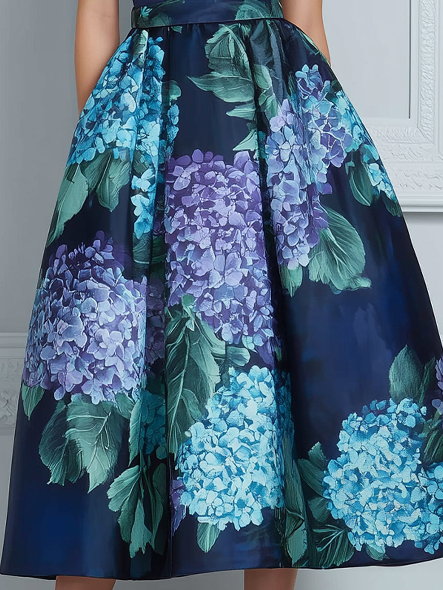 Sleeveless Hydrangea Print Structured Midi Dress
