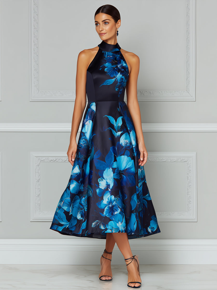 Halter Neck Floral Print A-Line Midi Dress