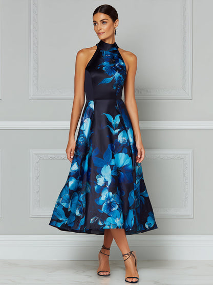Halter Neck Floral Print A-Line Midi Dress