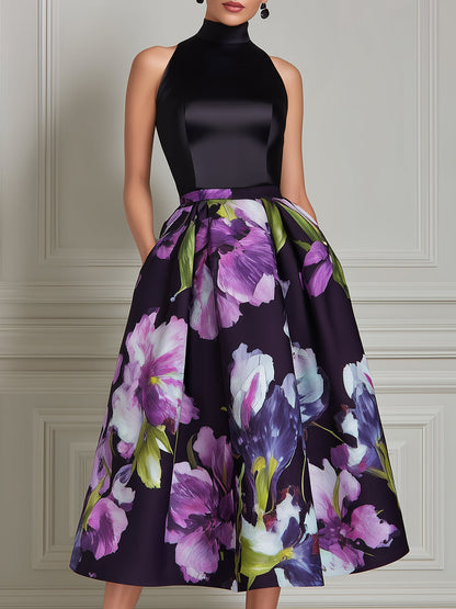 High Neck Floral Print Structured Midi Dress