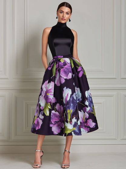 High Neck Floral Print Structured Midi Dress