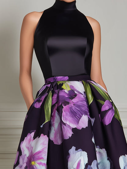 High Neck Floral Print Structured Midi Dress