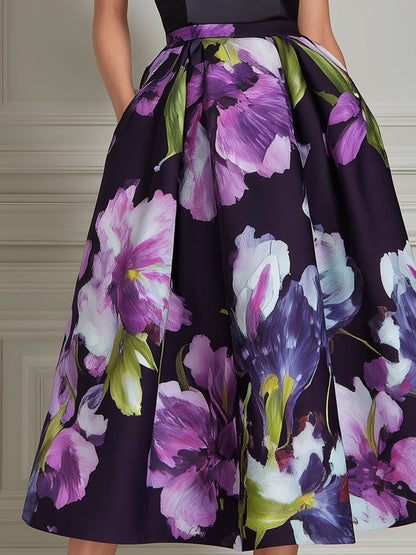 High Neck Floral Print Structured Midi Dress