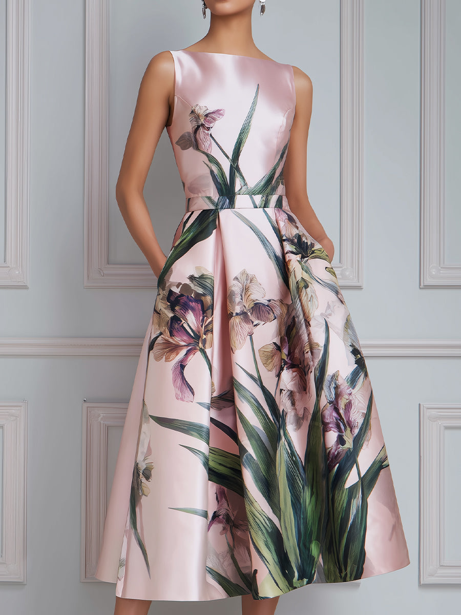 Sleeveless Botanical Print A-Line Midi Dress