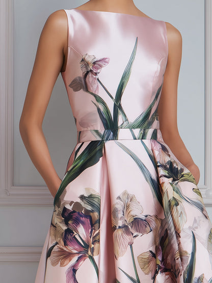 Sleeveless Botanical Print A-Line Midi Dress