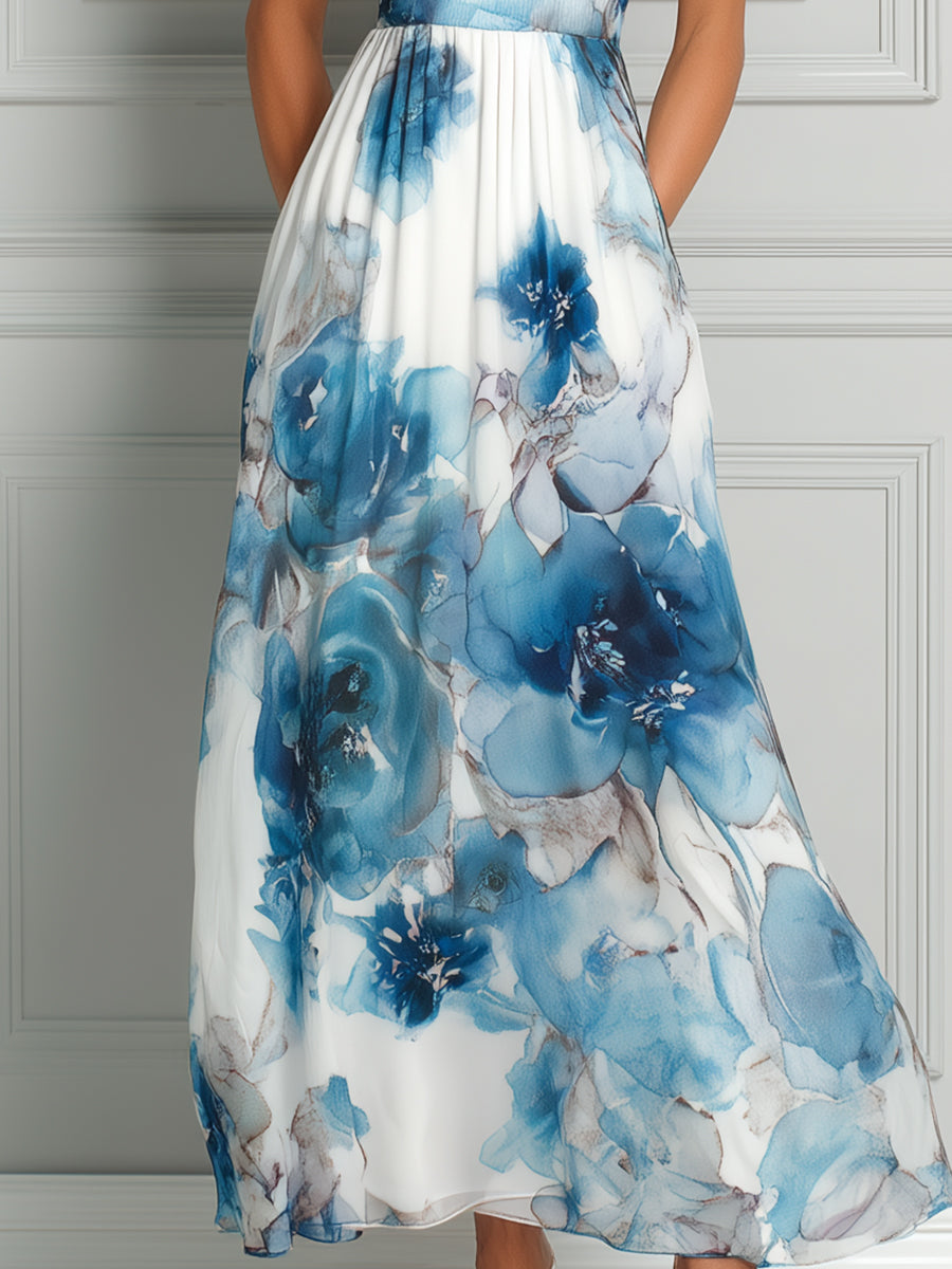 High Neck Watercolor Floral Print Maxi Dress
