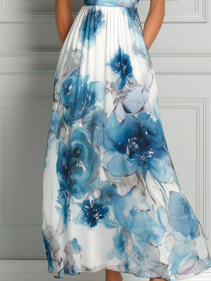 High Neck Watercolor Floral Print Maxi Dress