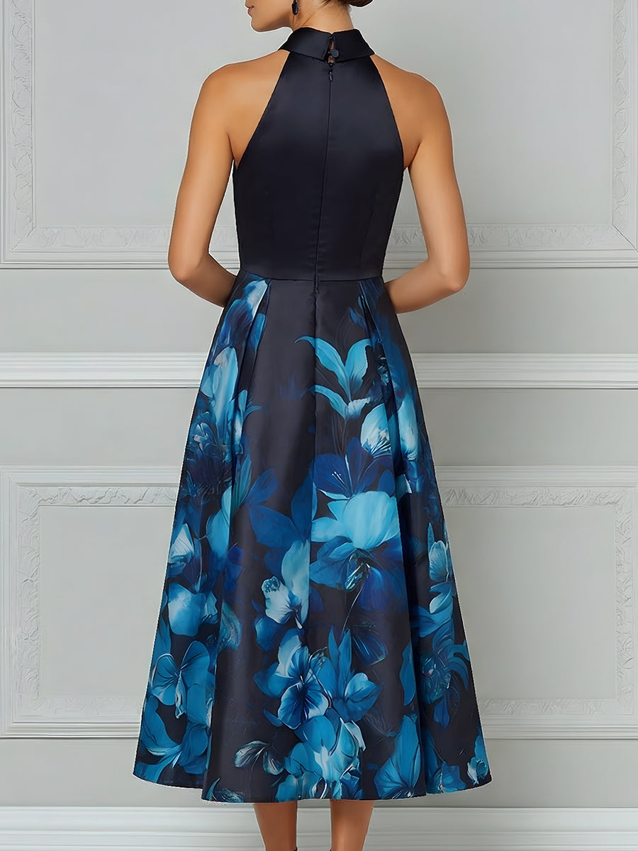 Halter Neck Floral Print A-Line Midi Dress