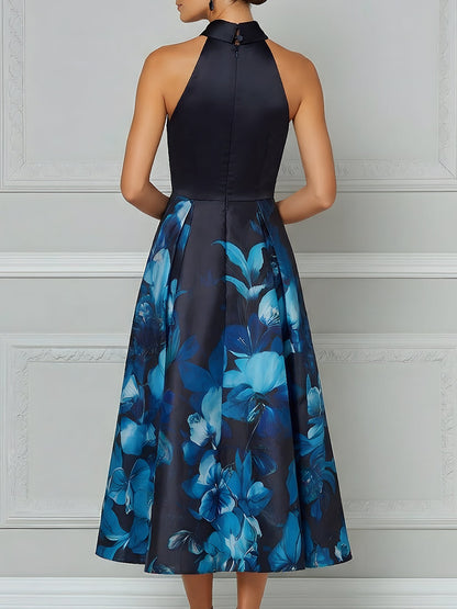 Halter Neck Floral Print A-Line Midi Dress