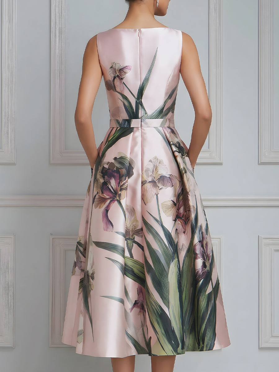 Sleeveless Botanical Print A-Line Midi Dress