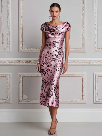 Elegant Cowl Neck Leopard Satin Midi Dress
