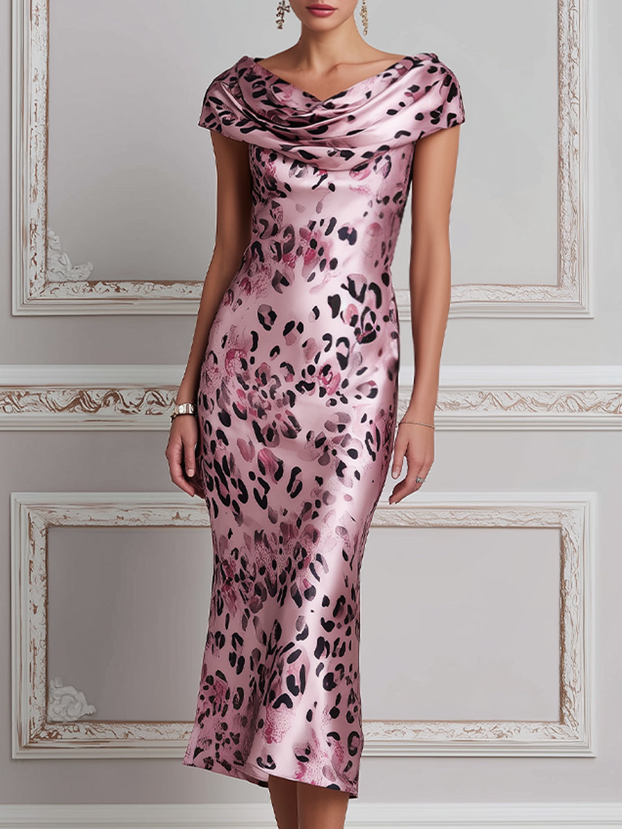Elegant Cowl Neck Leopard Satin Midi Dress