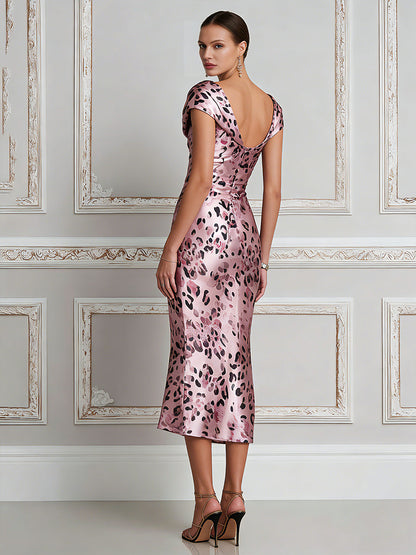 Elegant Cowl Neck Leopard Satin Midi Dress