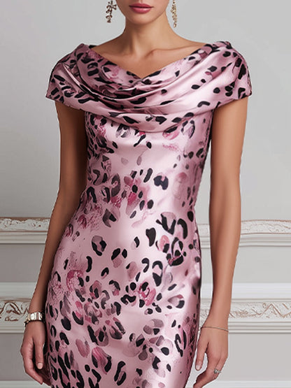 Elegant Cowl Neck Leopard Satin Midi Dress