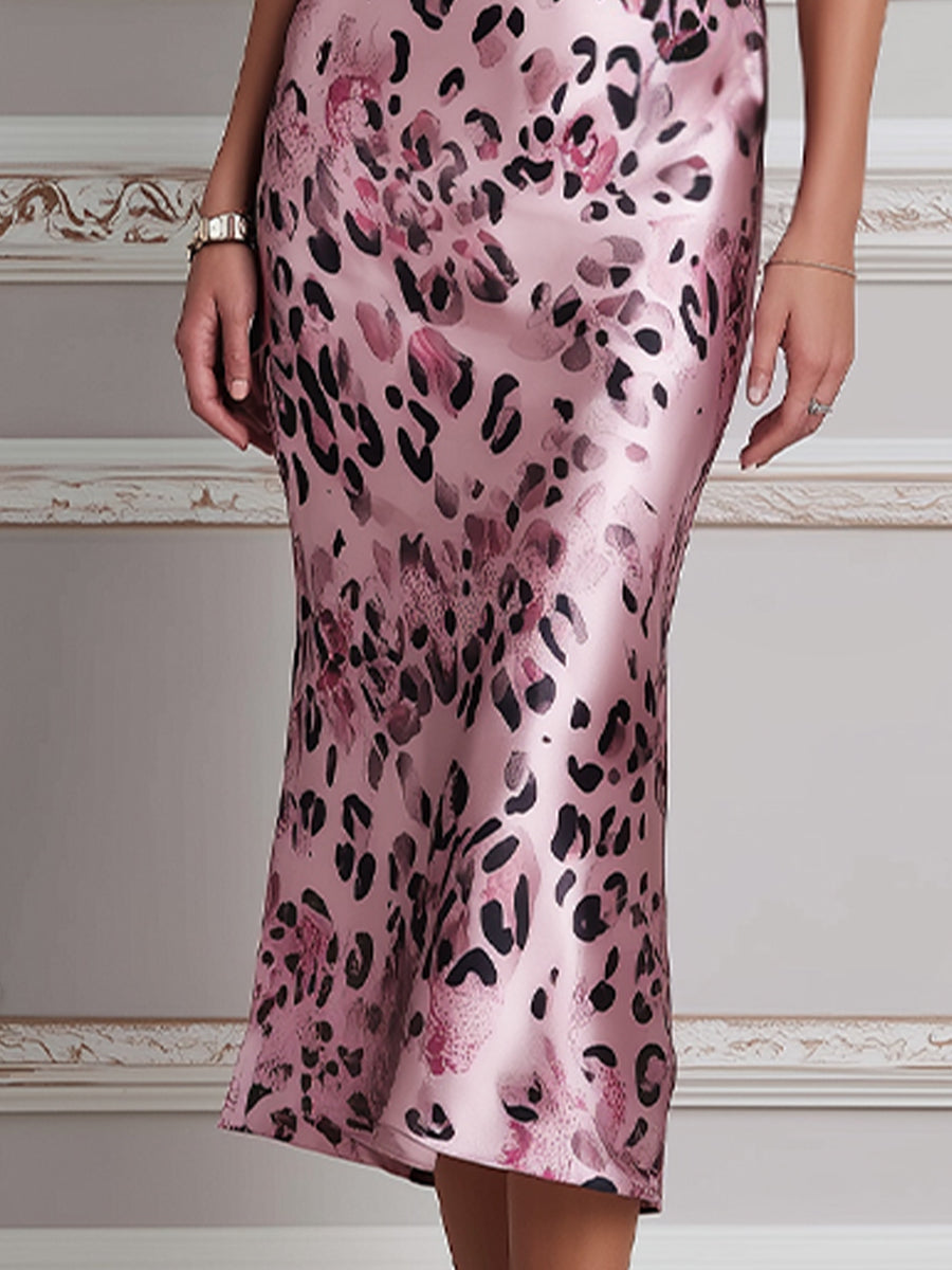Elegant Cowl Neck Leopard Satin Midi Dress