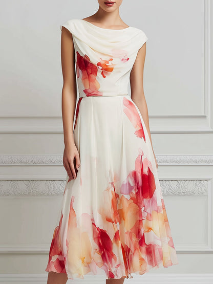 Bateau Neck Artistic Floral Midi Dress