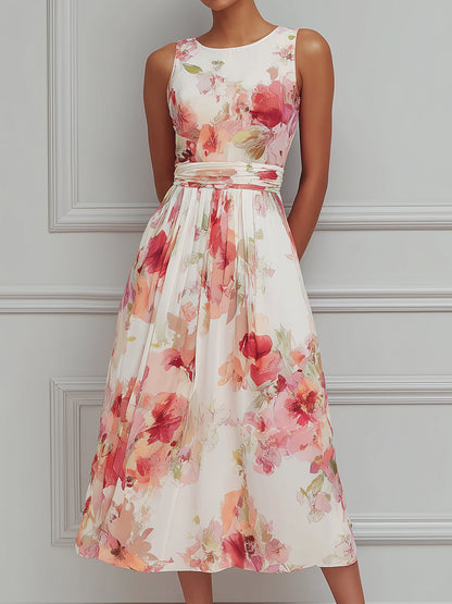 Soft Pleated Floral A-Line Midi Dress